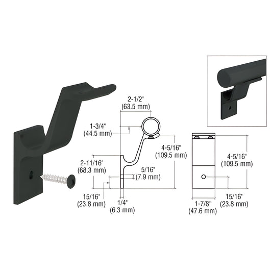 Matte black aluminum quick-connect handrail bracket ARHB1BL for 1-1/2" (38 mm) tubing, includes mounting screw and dimensions