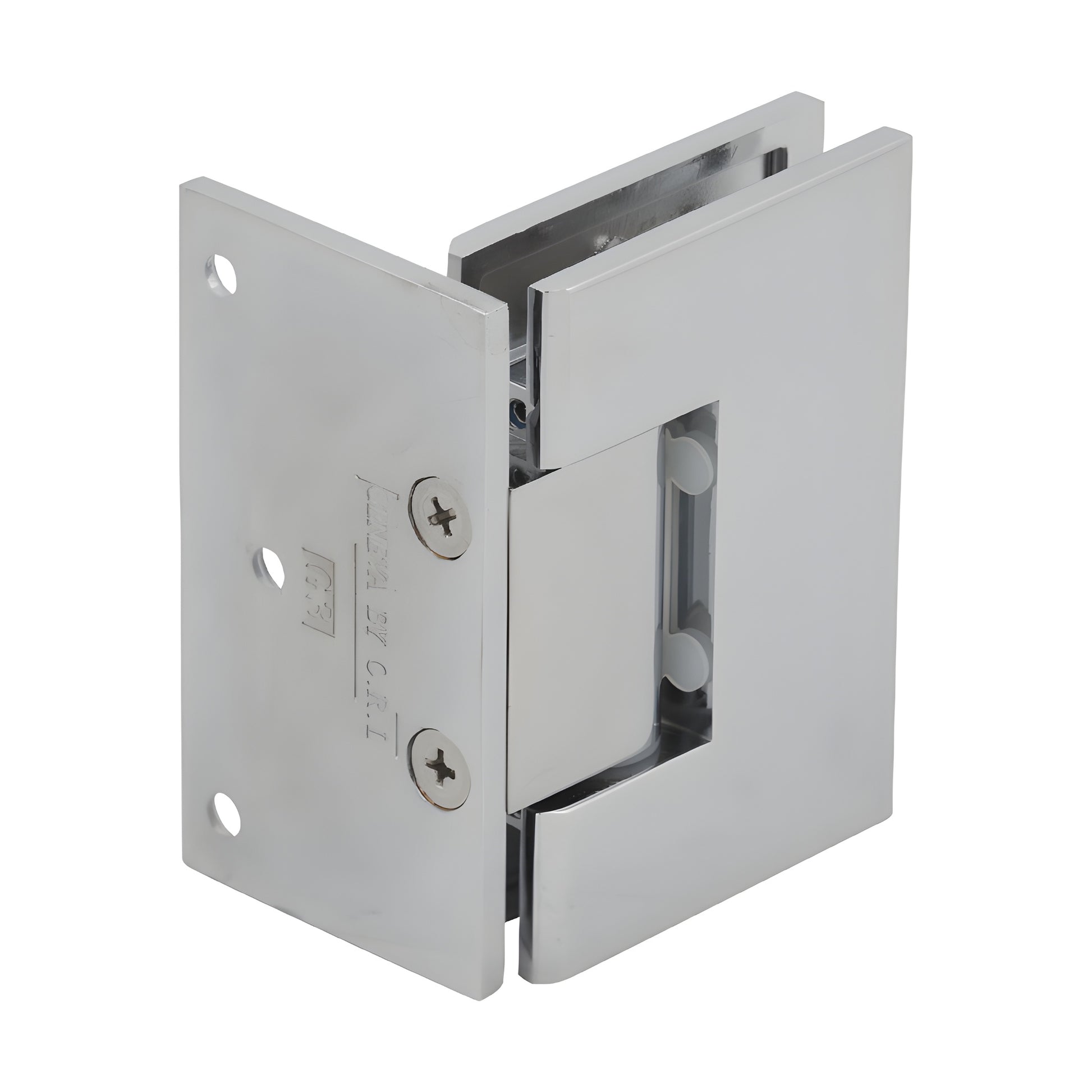 Polished chrome solid brass Melbourne shower door hinge (SKU MEL044CH) for 8-12mm tempered glass, wall-mount, self-centering.