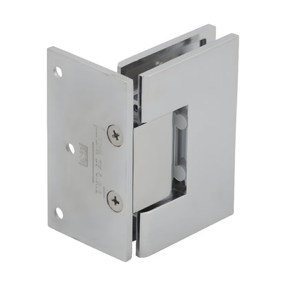 Polished chrome solid brass Melbourne shower door hinge (SKU MEL044CH) for 8-12mm tempered glass, wall-mount, self-centering.