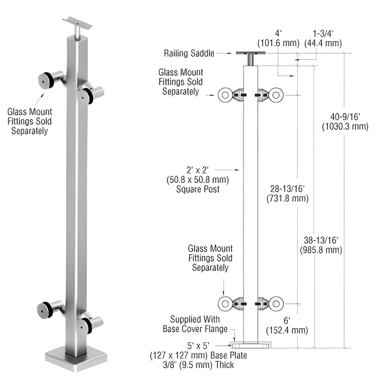 P142CPS stainless steel P1 surface-mounted square post with 5x5 base plate, top saddle; glass fittings sold separately.
