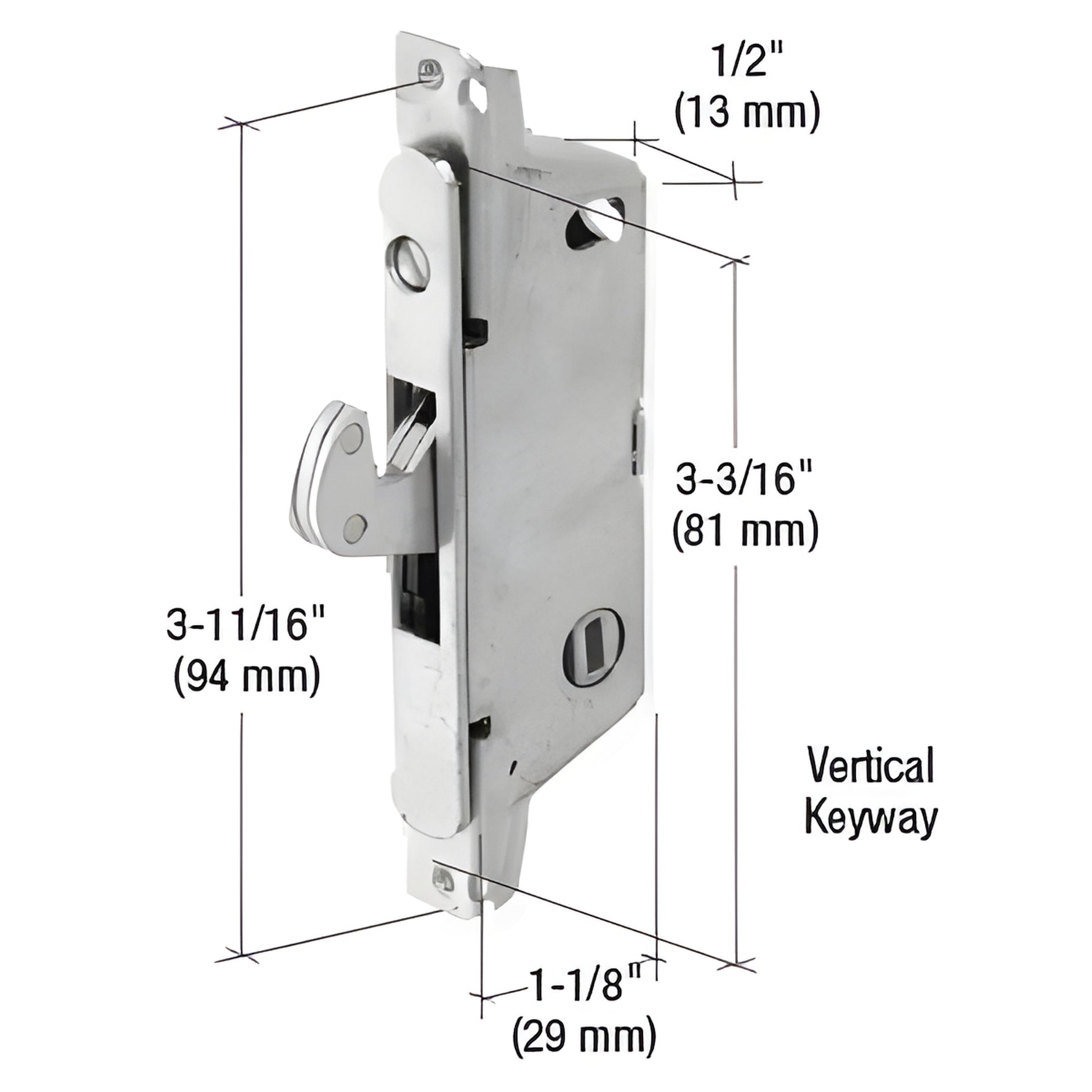 Stainless steel CRL mortise lock SKU E2185 - vertical keyway, adjustable hook, 1/2" housing, 3-11/16" screw centers.
