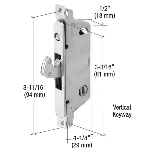 Stainless steel CRL mortise lock SKU E2185 - vertical keyway, adjustable hook, 1/2" housing, 3-11/16" screw centers.