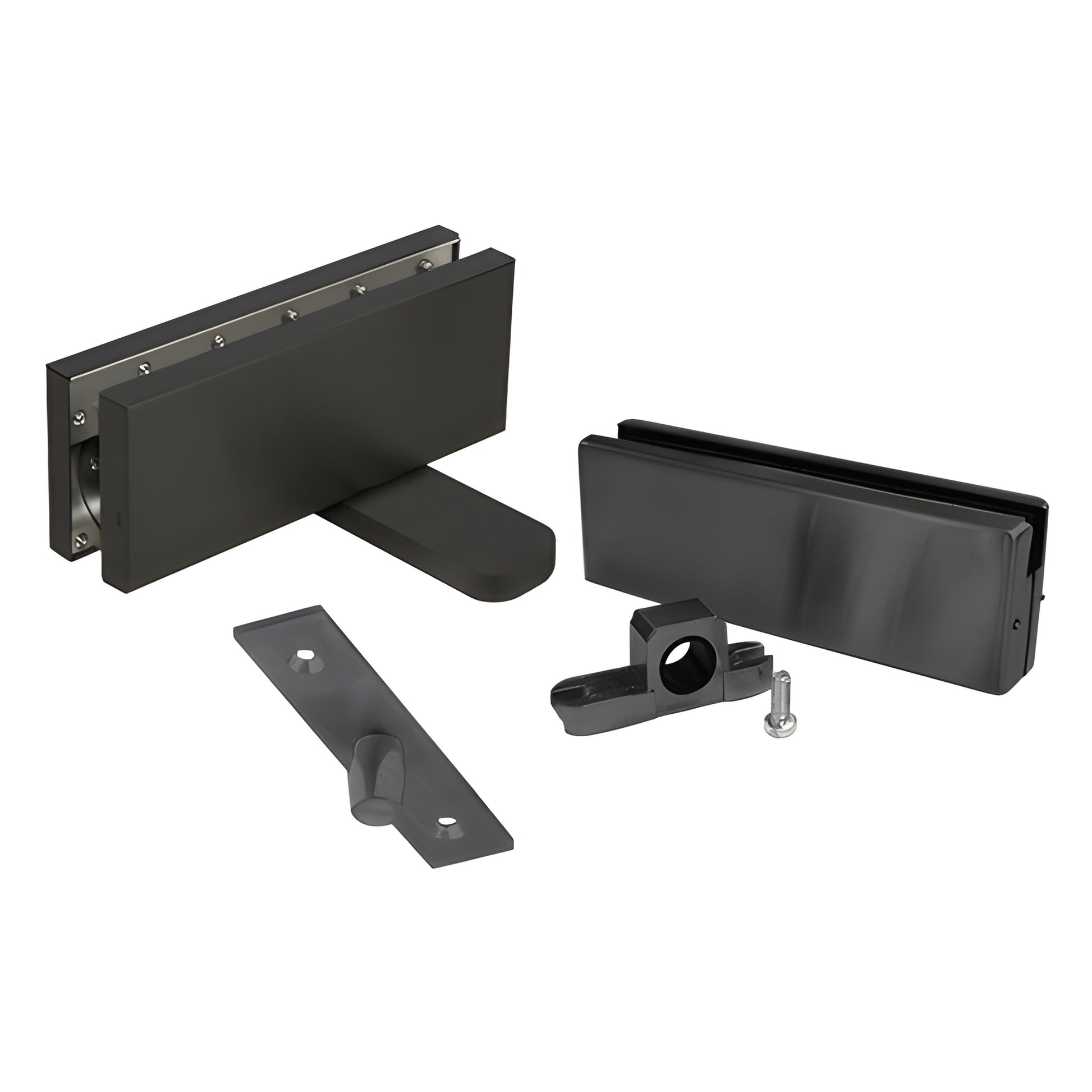 Matte black CRL380MBLSET hydraulic patch hinge set for frameless glass doors, flush-mount pivot and patch hardware