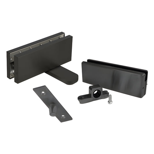 Matte black CRL380MBLSET hydraulic patch hinge set for frameless glass doors, flush-mount pivot and patch hardware