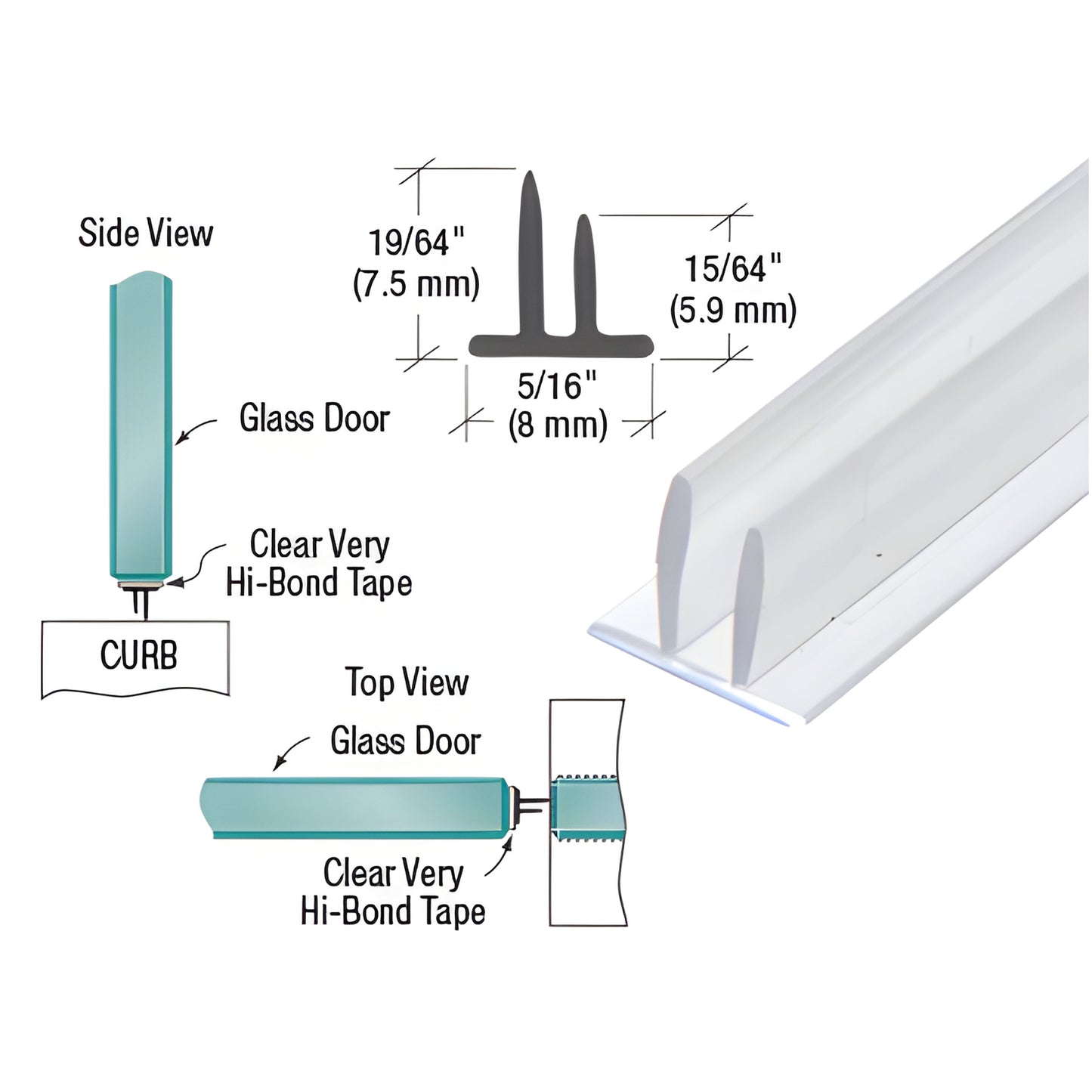 Clear translucent double fin vinyl door seal (SKU SDTDF), 95" long, fits 5/16" (8mm) gap, adhesive base option.