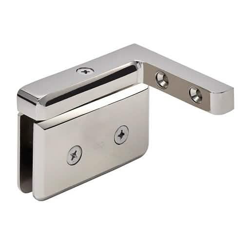 Close-up of CRL Polished Nickel Prima 05 Series Left Hand Offset Mount Hinge on white back