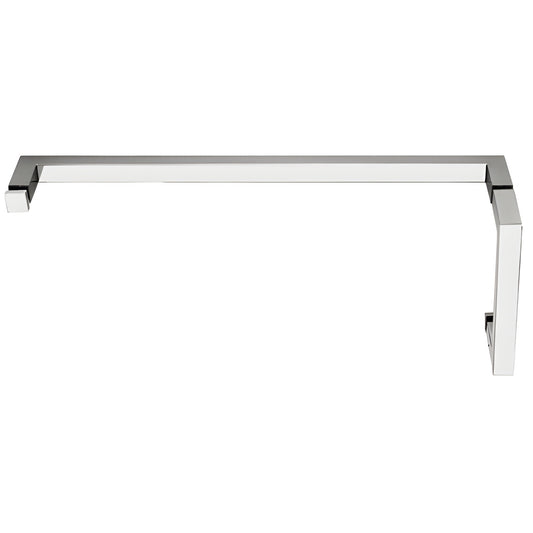 Polished chrome square tubular glass-mount shower pull with integrated 18 in towel bar (6 in pull)