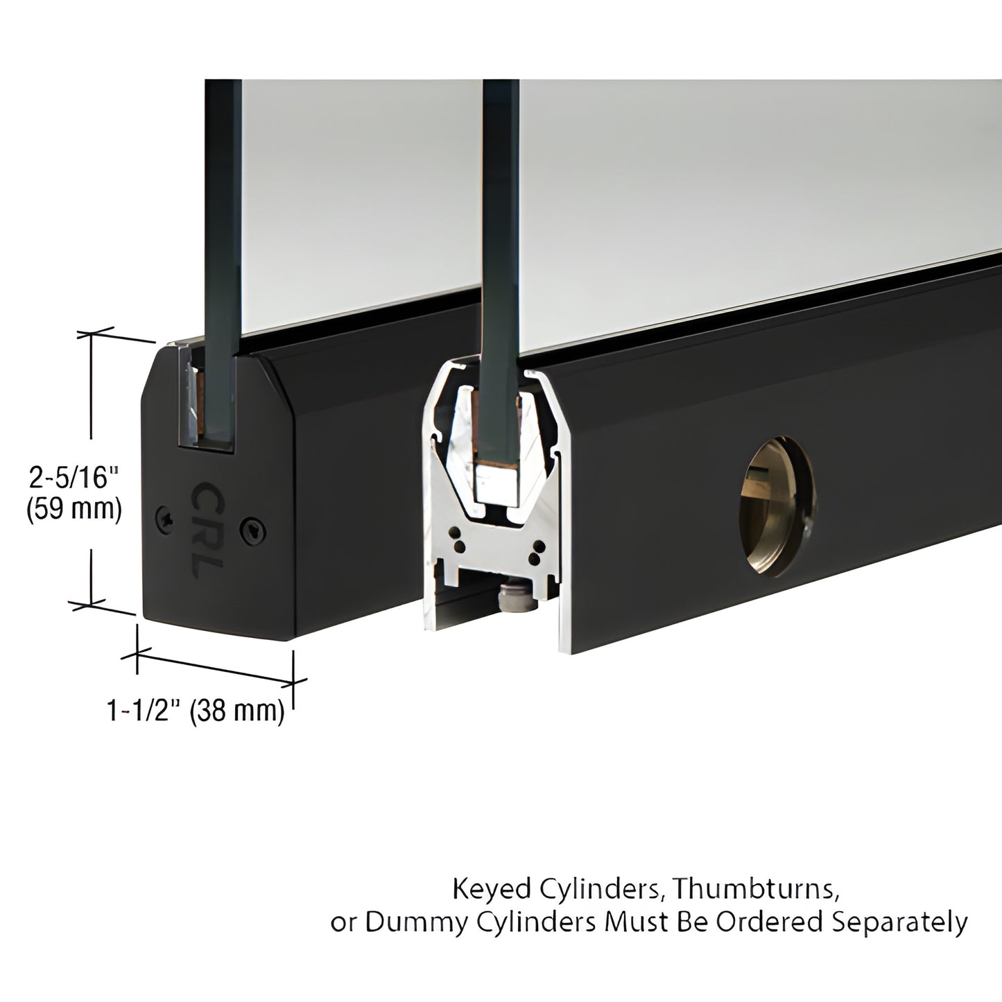 Matte black low-profile door rail for 1/2" (12mm) glass, 2-5/16" 1-1/2" (59 38mm), Wedge-Lock system, lock hole.