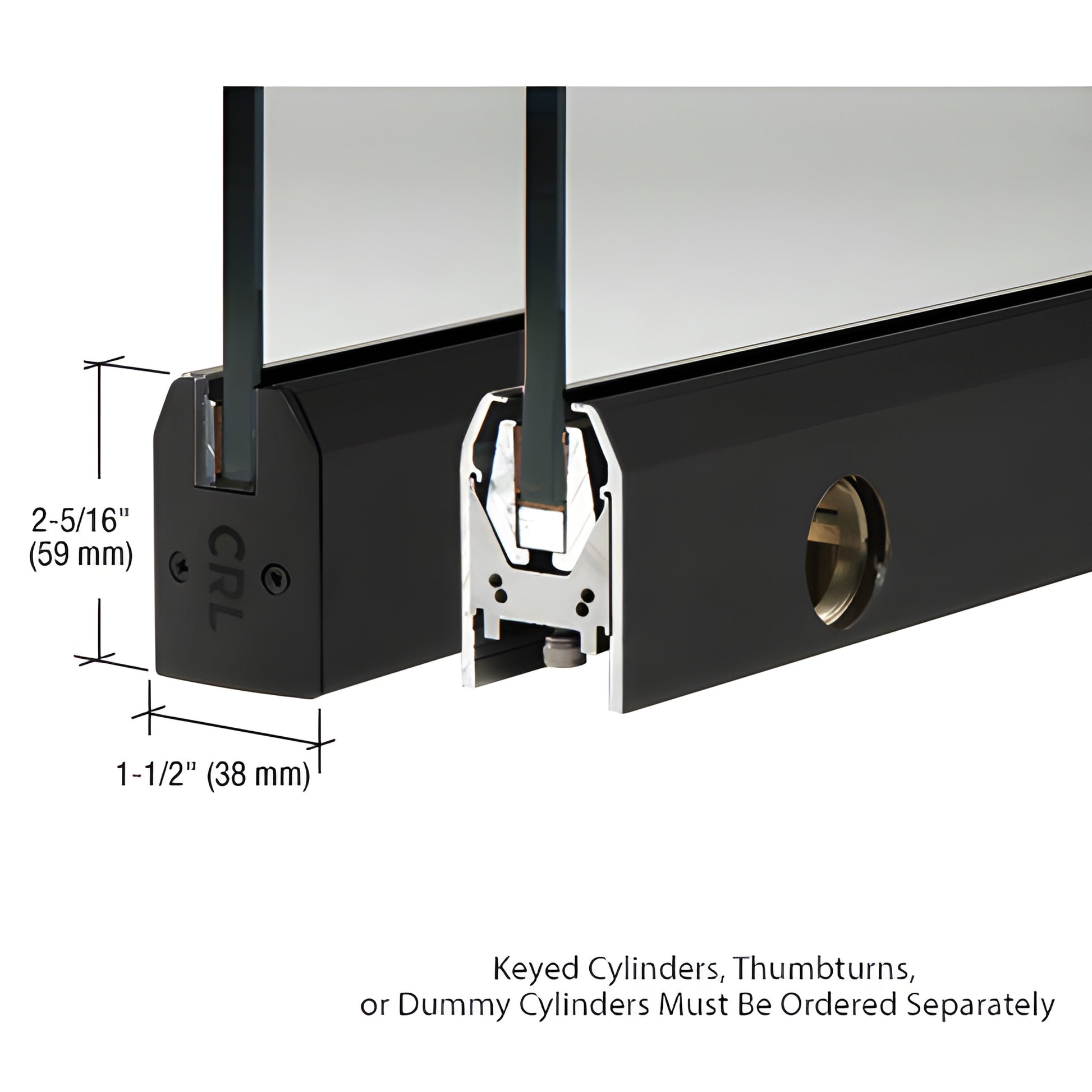 Matte black low-profile door rail for 1/2" (12mm) glass, 2-5/16" 1-1/2" (59 38mm), Wedge-Lock system, lock hole.