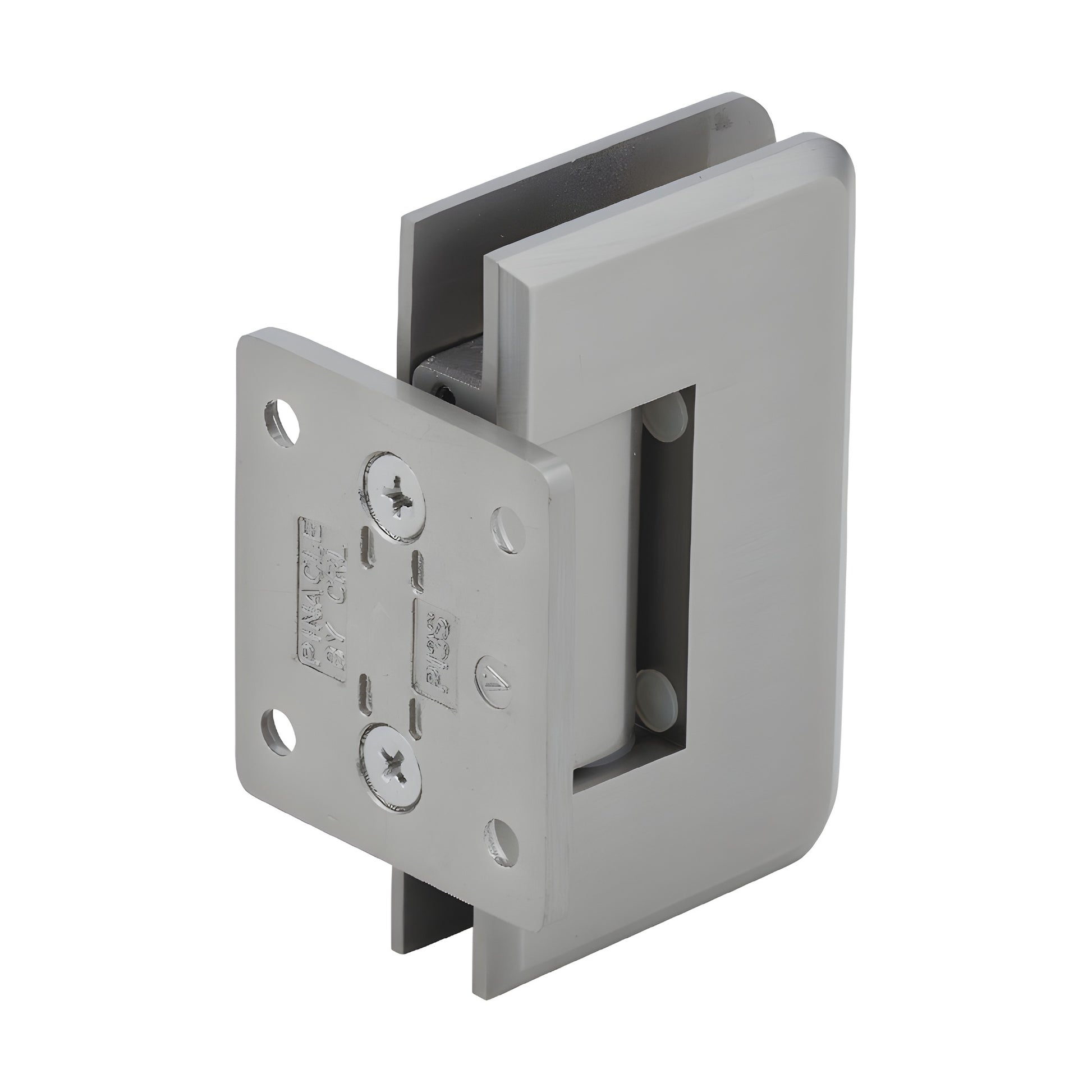 Brushed nickel CRL Pinnacle shower door hinge P1N074BN, solid brass wall-mount short back plate, fits 8-12mm glass.