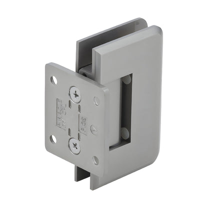Brushed nickel CRL Pinnacle shower door hinge P1N074BN, solid brass wall-mount short back plate, fits 8-12mm glass.