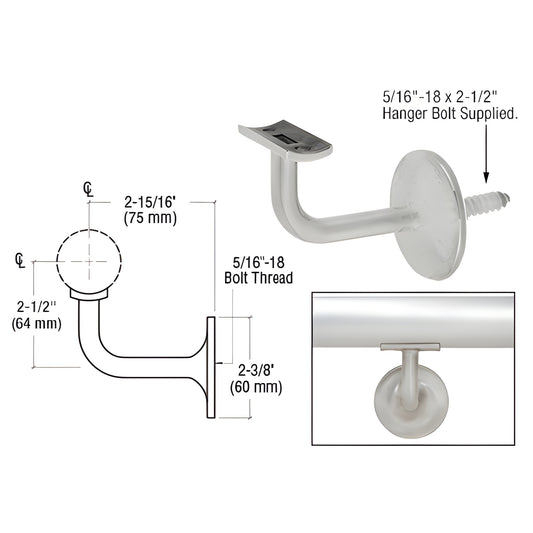 HR15B4BS brushed stainless steel wall-mounted handrail bracket, 2-15/16 in projection, fits 1-1/2"-2" tubing