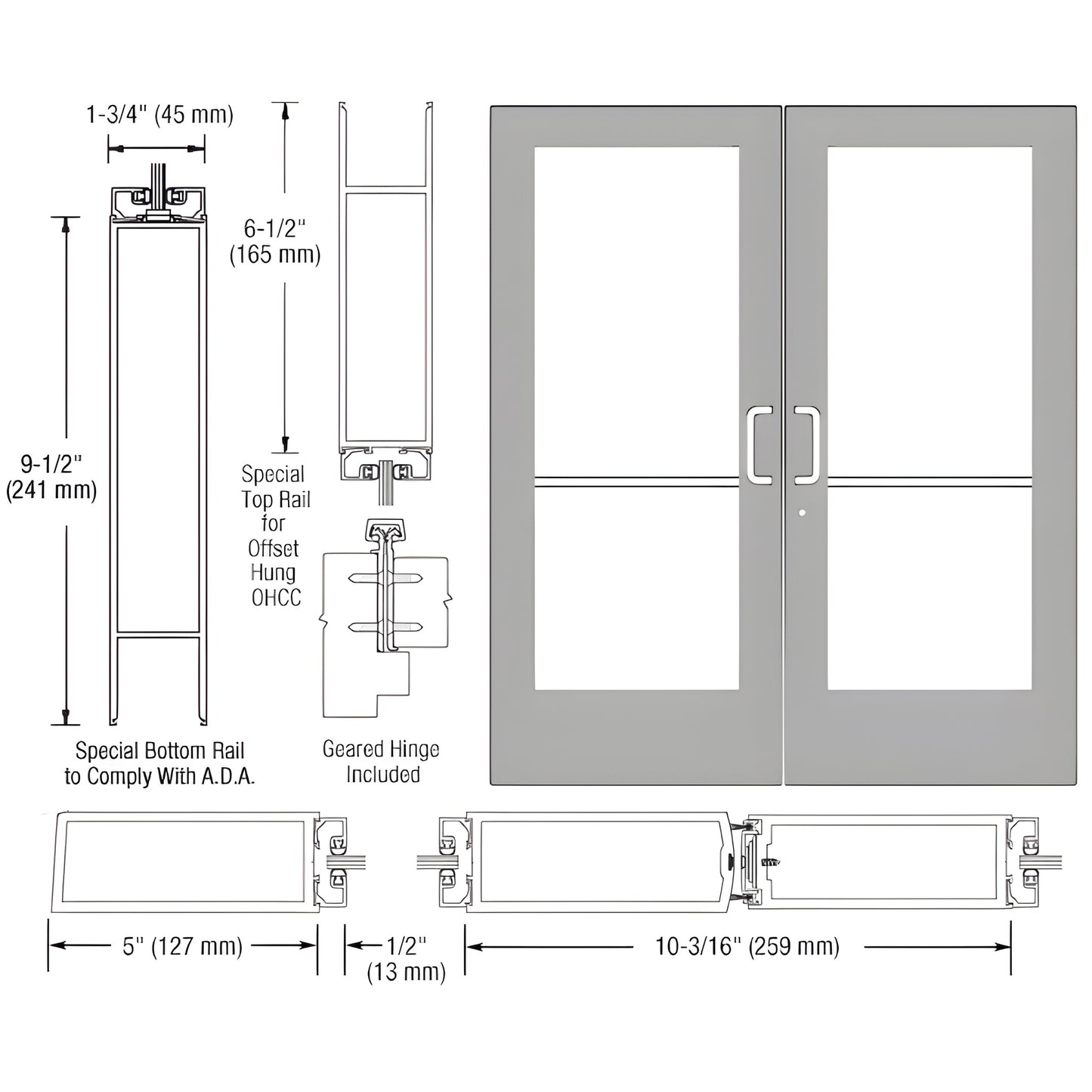 CRL CD52911 clear anodized custom wide-stile commercial double entrance door, 5" stiles, ADA 9-1/2" bottom rail, fits 1/4" gl