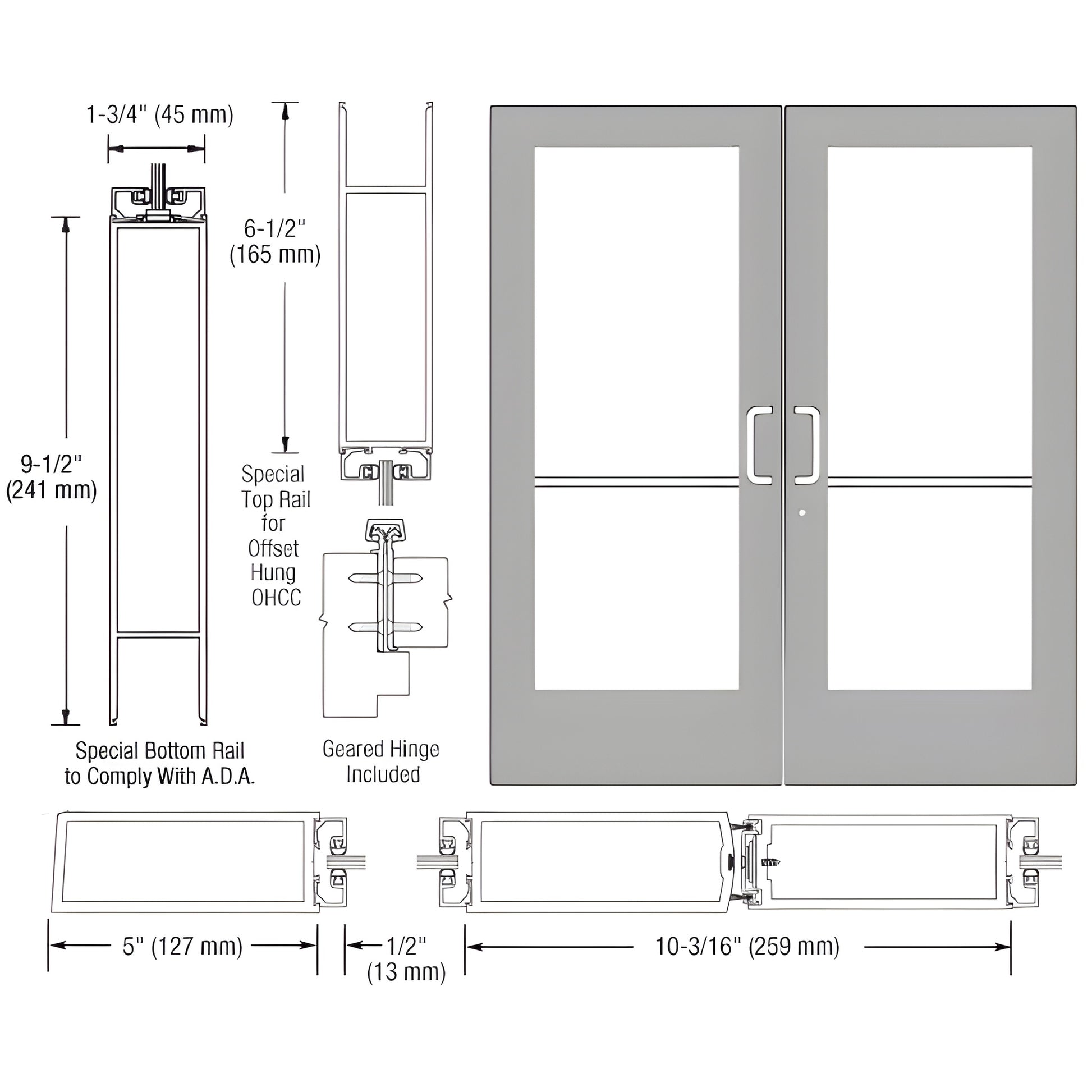 CRL CD52911 clear anodized custom wide-stile commercial double entrance door, 5" stiles, ADA 9-1/2" bottom rail, fits 1/4" gl