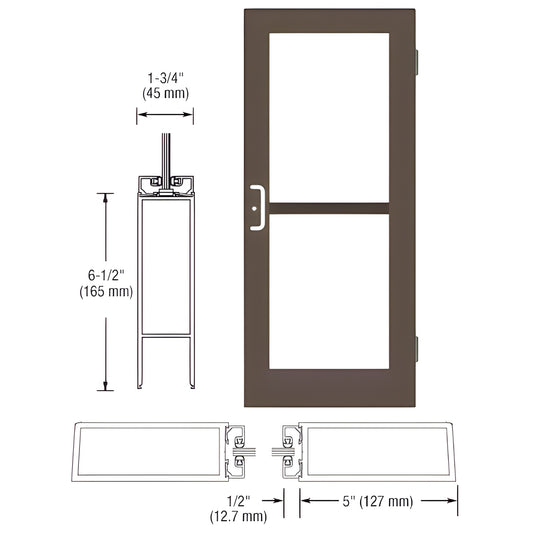 DZ51522 black bronze wide-stile commercial entrance door with midrail, panic pull, accepts 1/4" tempered glass