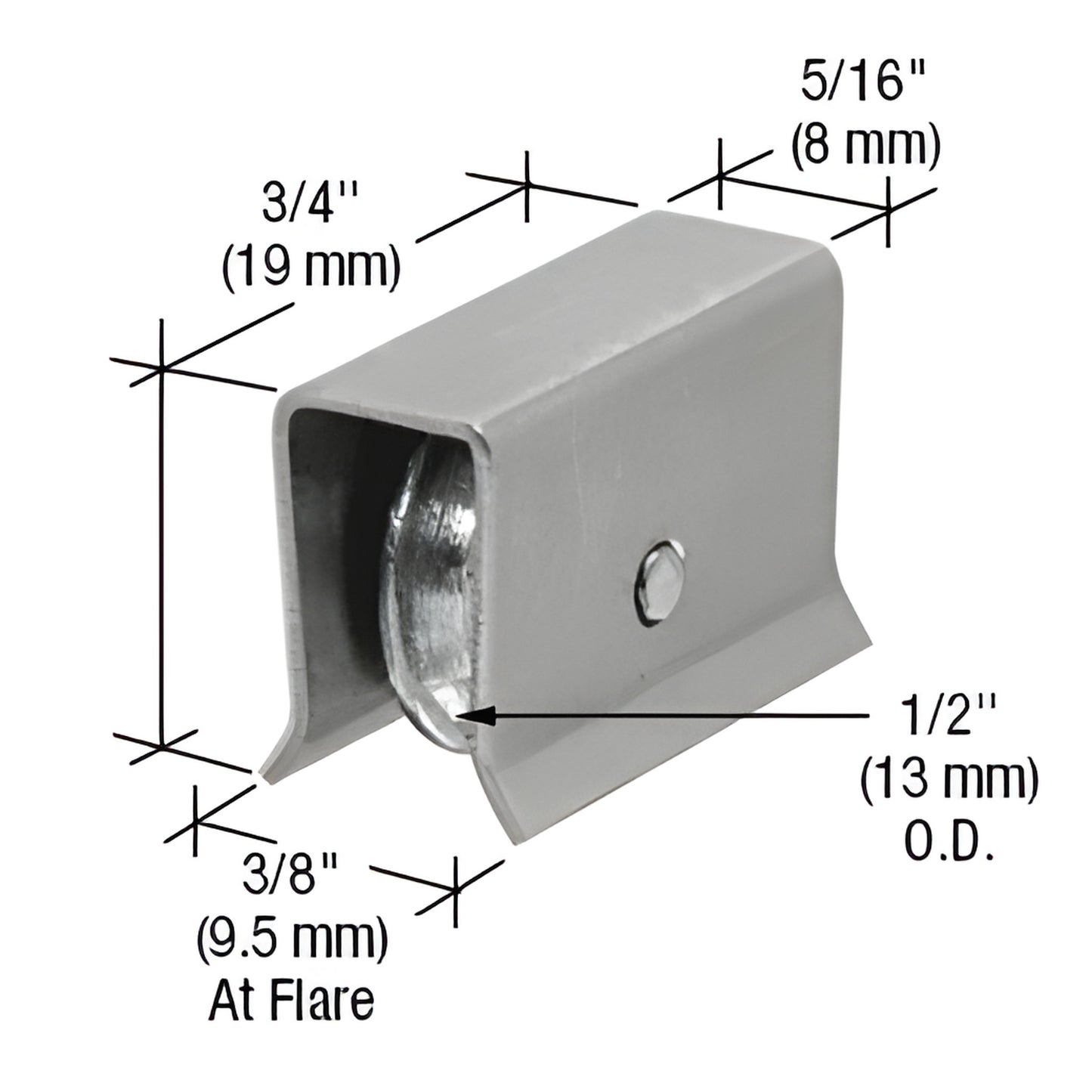 D649 heavy-duty steel ball-bearing roller assembly for sliding showcase doors, 3/4" x 1/2" housing, fits up to 1/4" glass.
