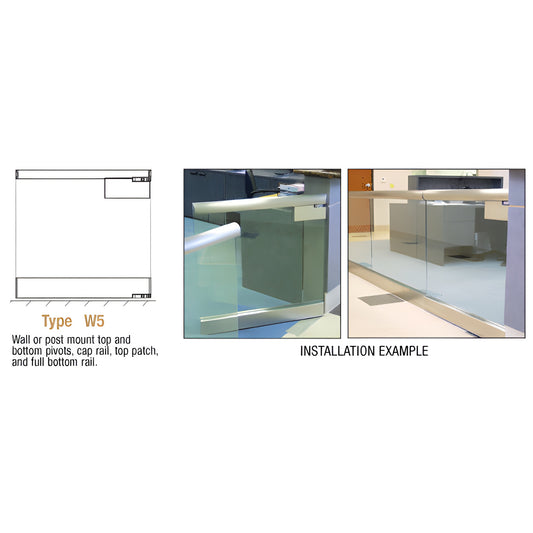 SGW5C heavy-duty glass swing gate with silver cap rail and bottom rail, wall/post mount installation example