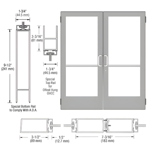 Double medium stile aluminum storefront entrance door CAD drawing, clear anodized finish, ADA 91 2 bottom rail.