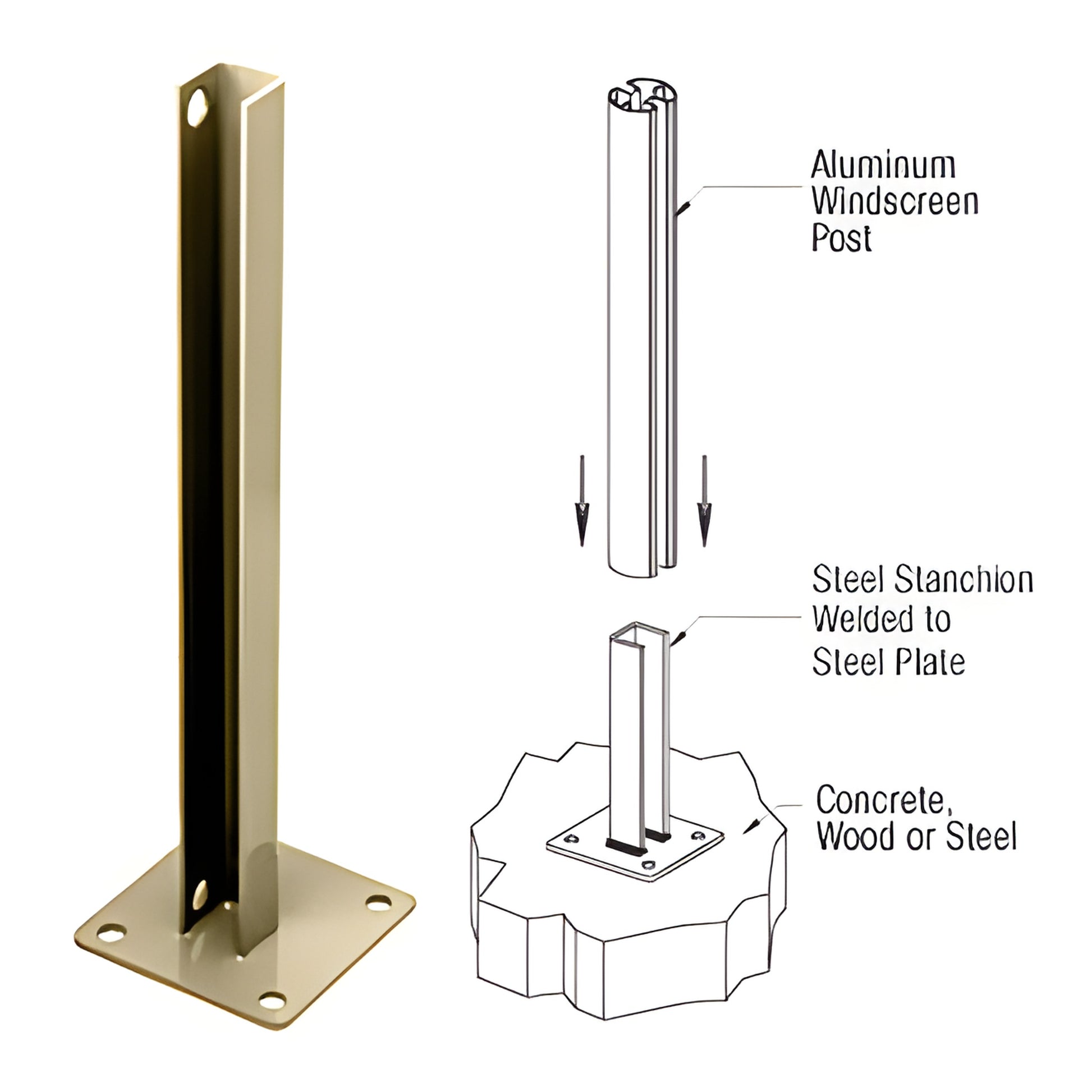 Matte bronze welded steel stanchion, 5in base plate, 1/2in mounting holes, surface-mount post base (PSB2BBRZ)