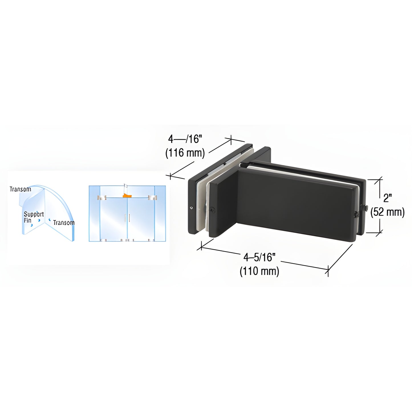 PH71MBL matte black transom patch connector for 3/8-1/2" tempered glass with support fin bracket, dimensional view.