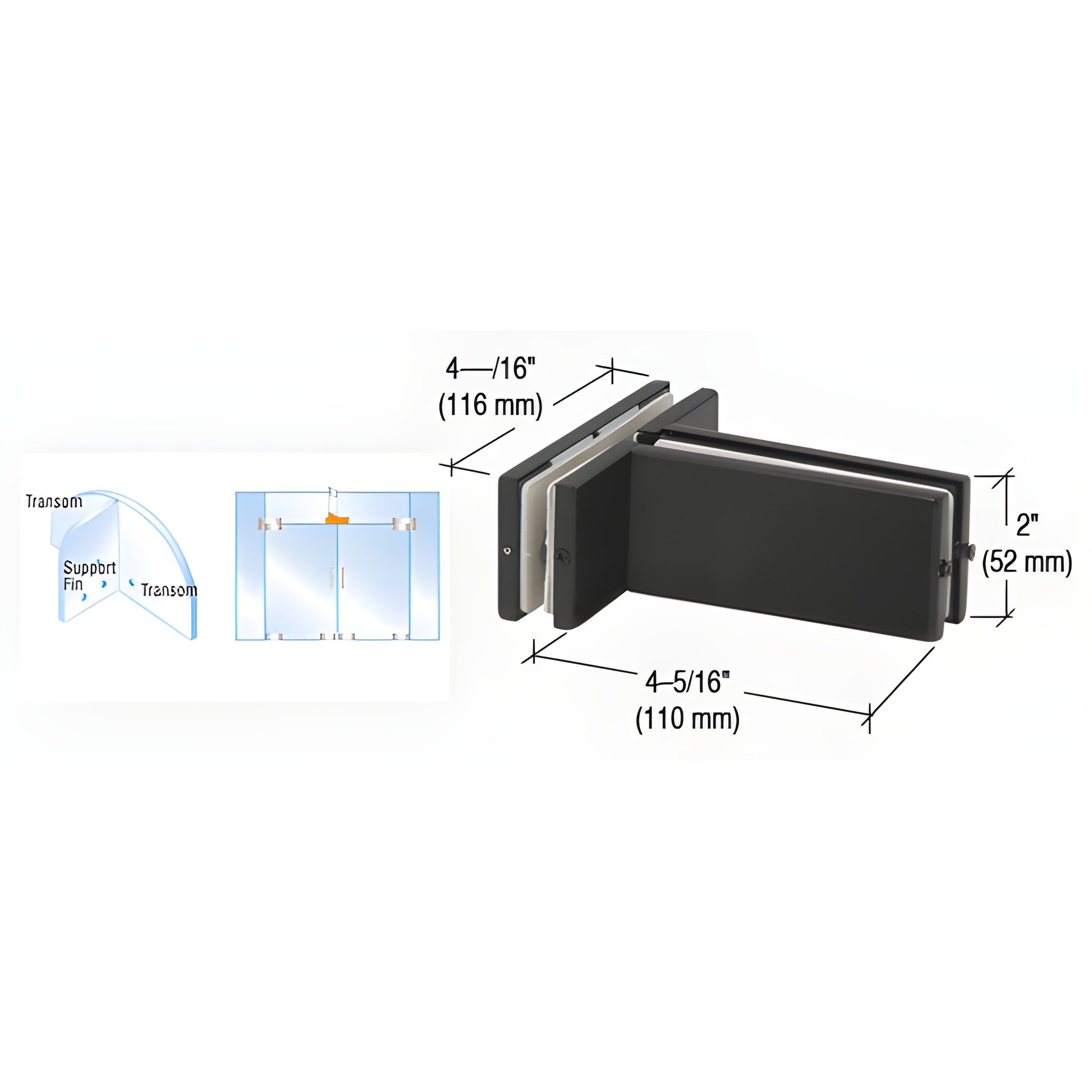 PH71MBL matte black transom patch connector for 3/8-1/2" tempered glass with support fin bracket, dimensional view.