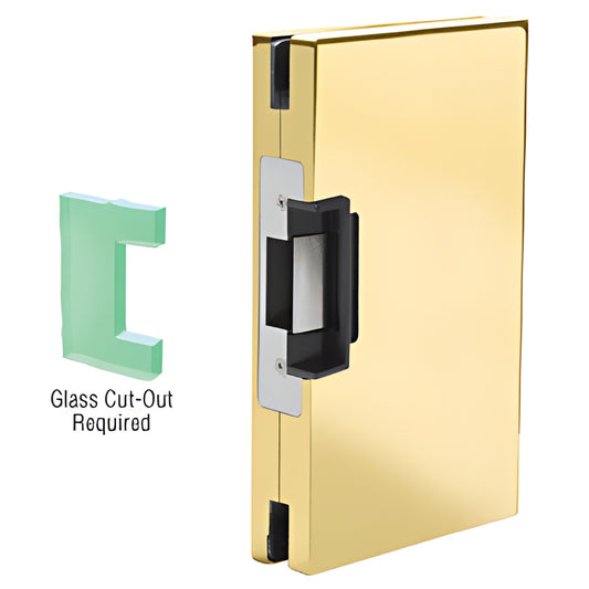 Polished brass center-lock glass keeper with integrated deadlatch electric strike (DLER610PB); glass cut-out required.