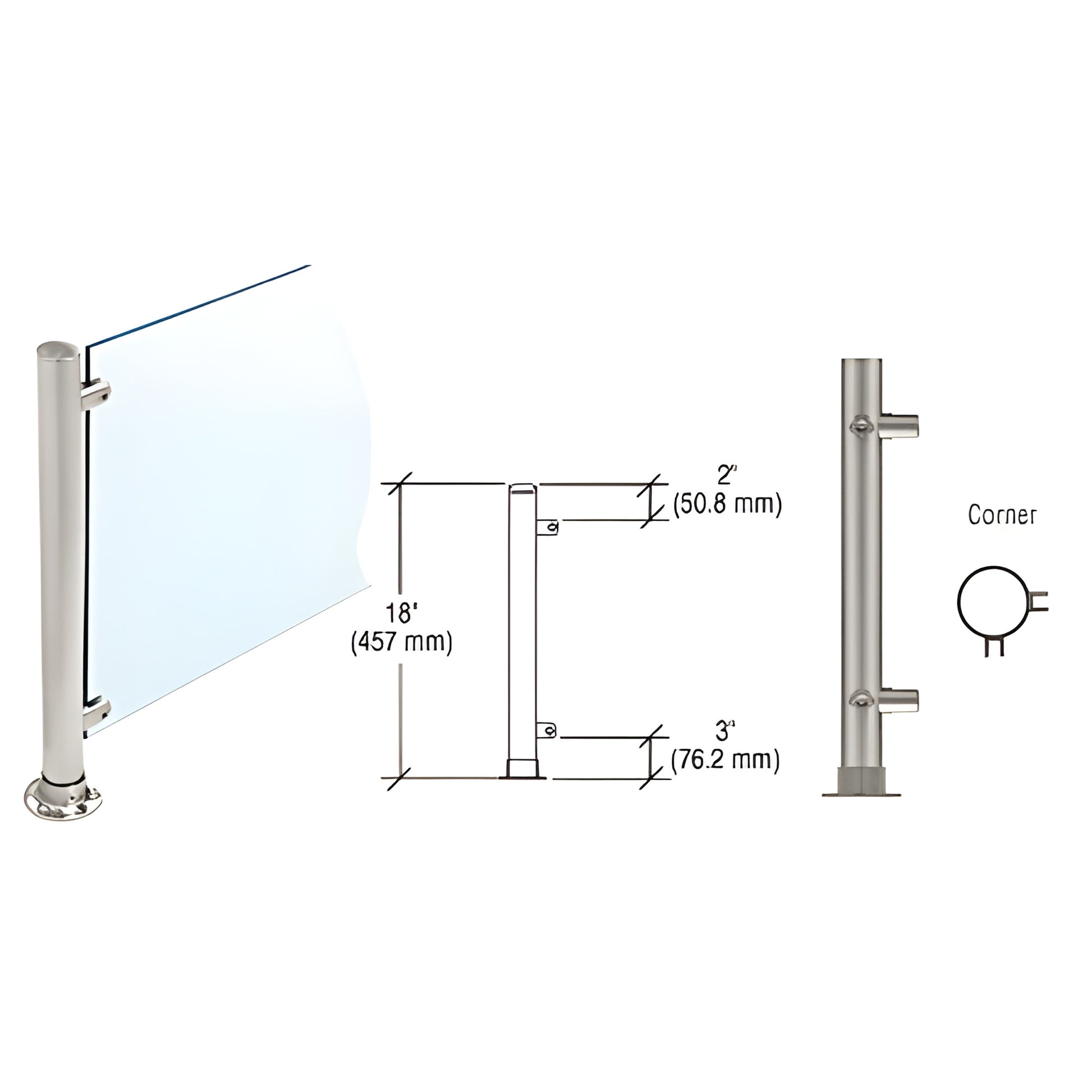 PP45LBS 18" brushed stainless steel 1-1/2" round corner partition post with flat cap, adhesive flange base and glass standoff