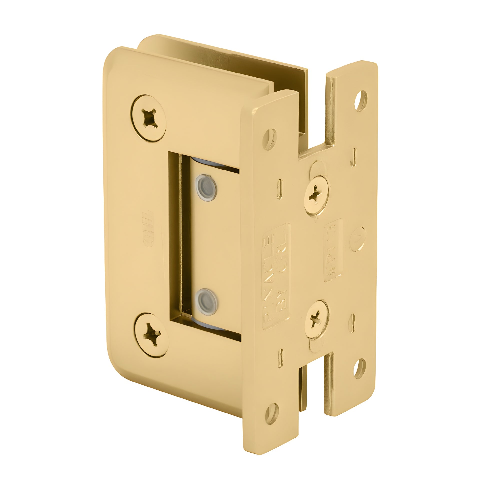 P1N337SB satin brass adjustable Pinnacle shower hinge, solid brass wall-mount "H" back plate for 8-12mm glass.