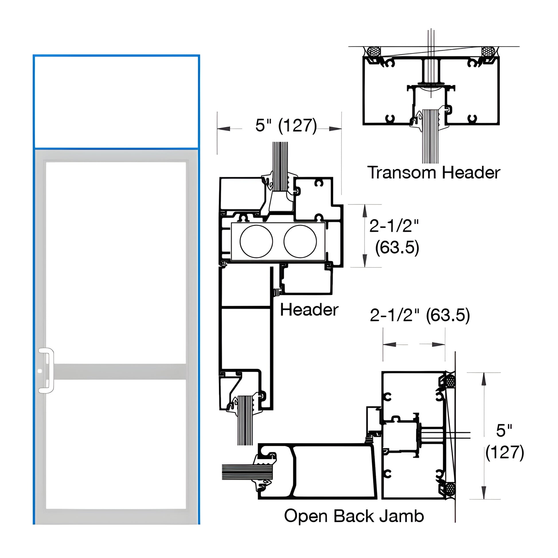 Custom Kynar 2-1/2" x 5" transom impact door frame, prepped for concealed closer and CVR panic strike. SKU 0P61471