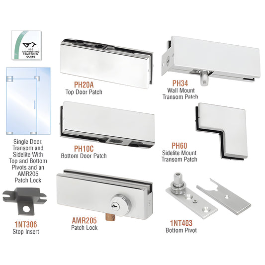 PHA4LA pivot kit for tempered glass door with transom and sidelite, includes patches, pivot and patch lock