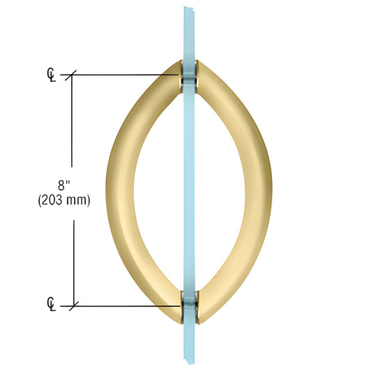 Satin brass crescent tubular glass door pull, 8 in center-to-center, fits 6-12 mm glass - SKU CSH8X8SB