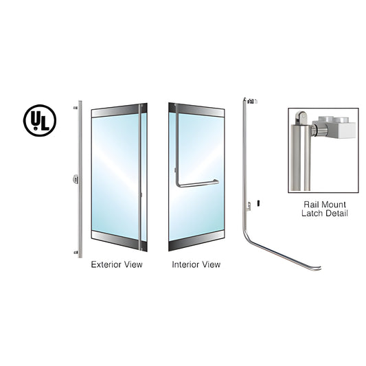 Polished stainless 1-1/4" tubular panic rail-mount handle for glass doors, interior push bar, UL-certified (SKU 5P100F4RKPS)
