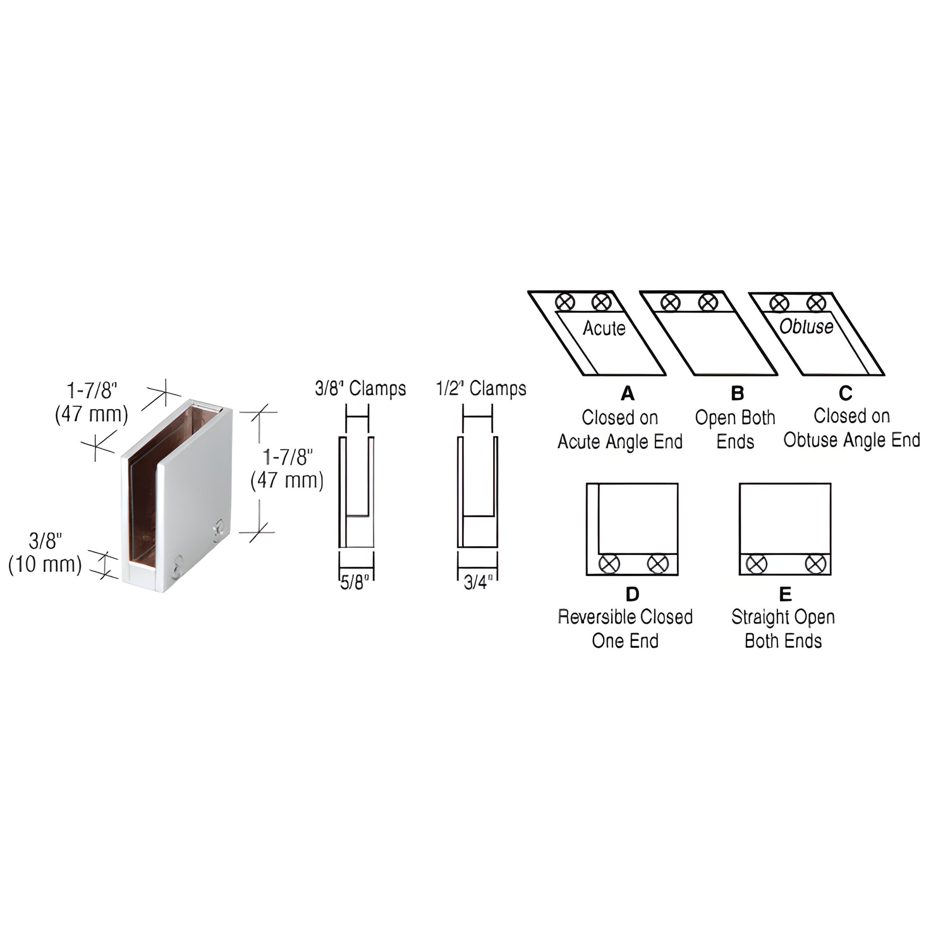 RH2238BN brushed nickel 90 straight end clamp for 3/8" tempered glass, solid brass, 1-7/8" width