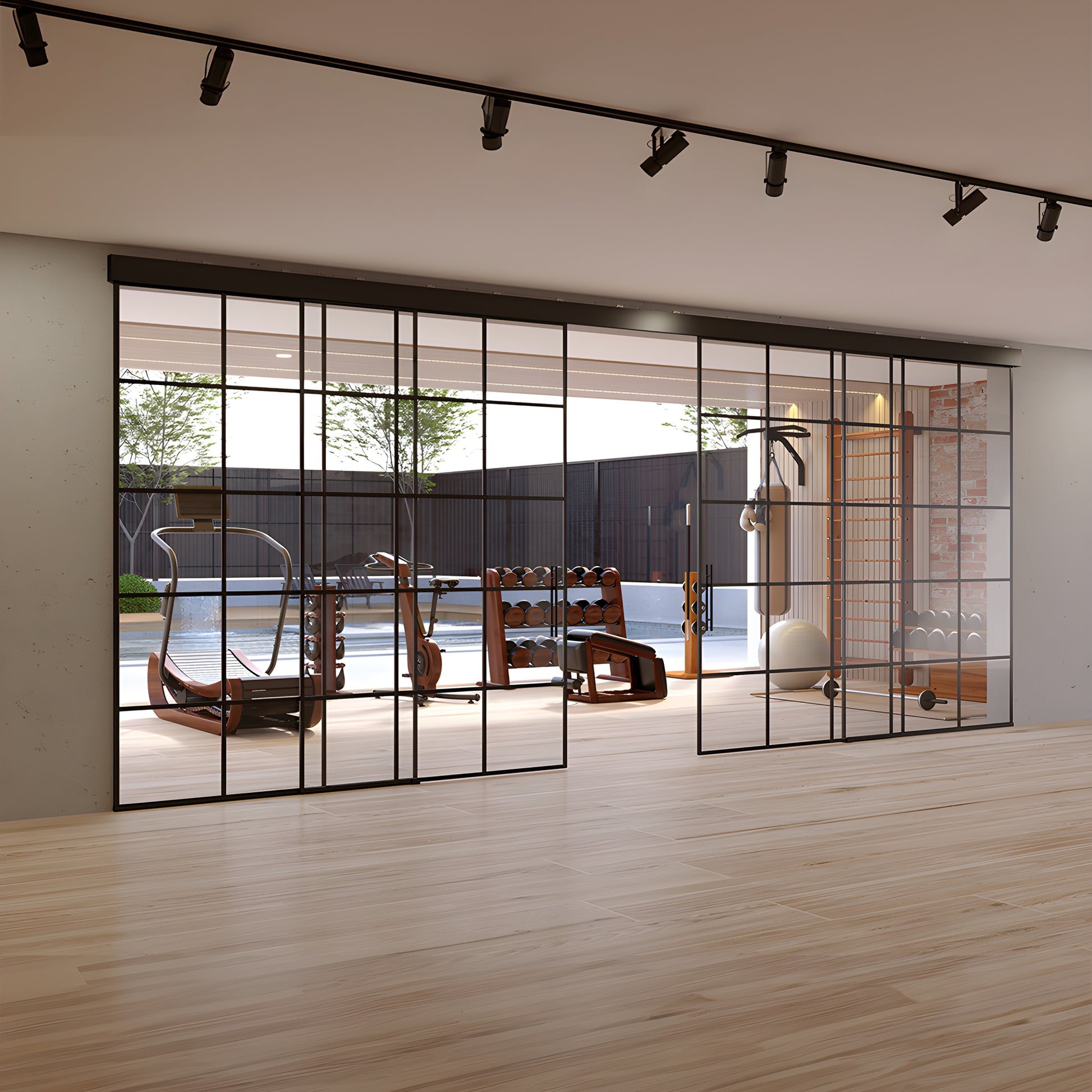 Matte black wall-mounted top track with two synchronized sliding tempered glass panels.