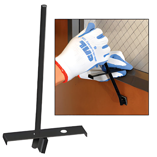 CRL SMP200 steel stop mold puller, black T-shaped tool shown with gloved hands removing window stop.