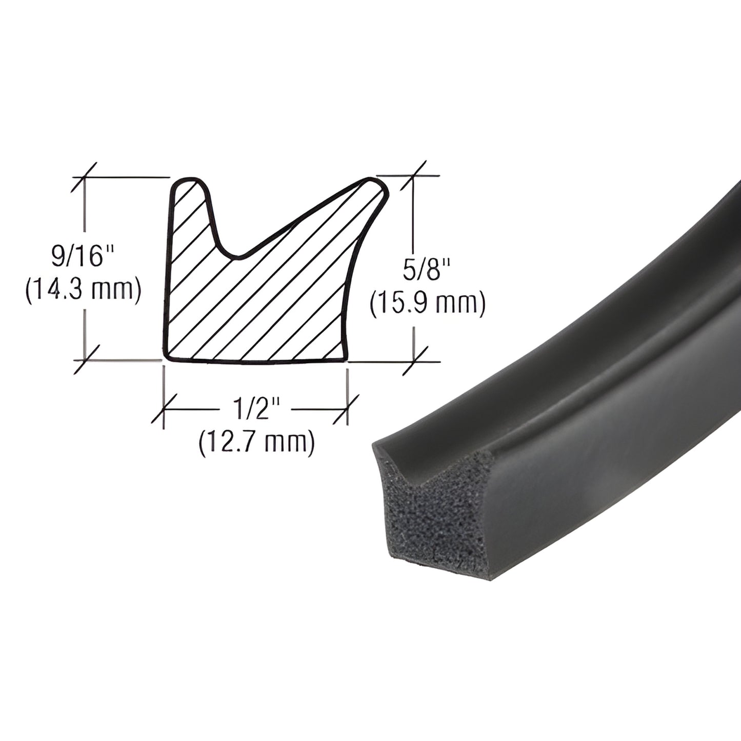 Black CRL door seal weatherstrip (SKU AV4744), closed-cell sponge rubber, 1/2" x 5/8" x 9/16" cross-section, OEM-fit for GM.