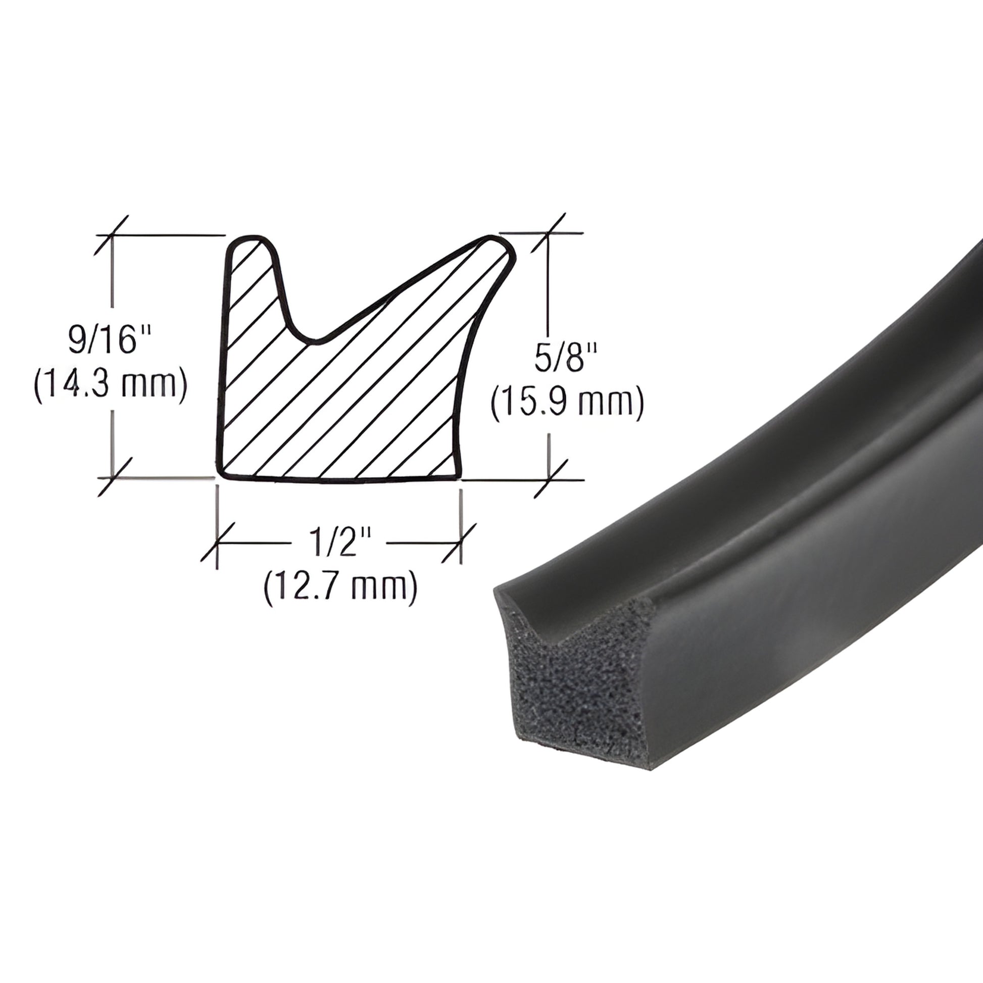 Black CRL door seal weatherstrip (SKU AV4744), closed-cell sponge rubber, 1/2" x 5/8" x 9/16" cross-section, OEM-fit for GM.