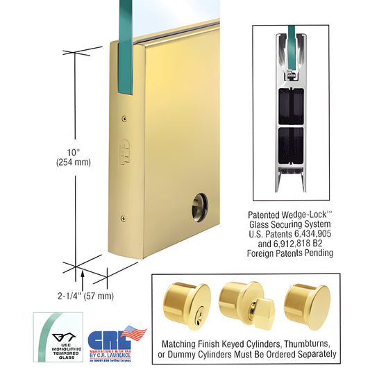 Satin brass 10 in. square CRL Wedge-Lock bottom door rail for 5/8 in. glass, aluminum-clad with brass, includes lock. SKU DR1