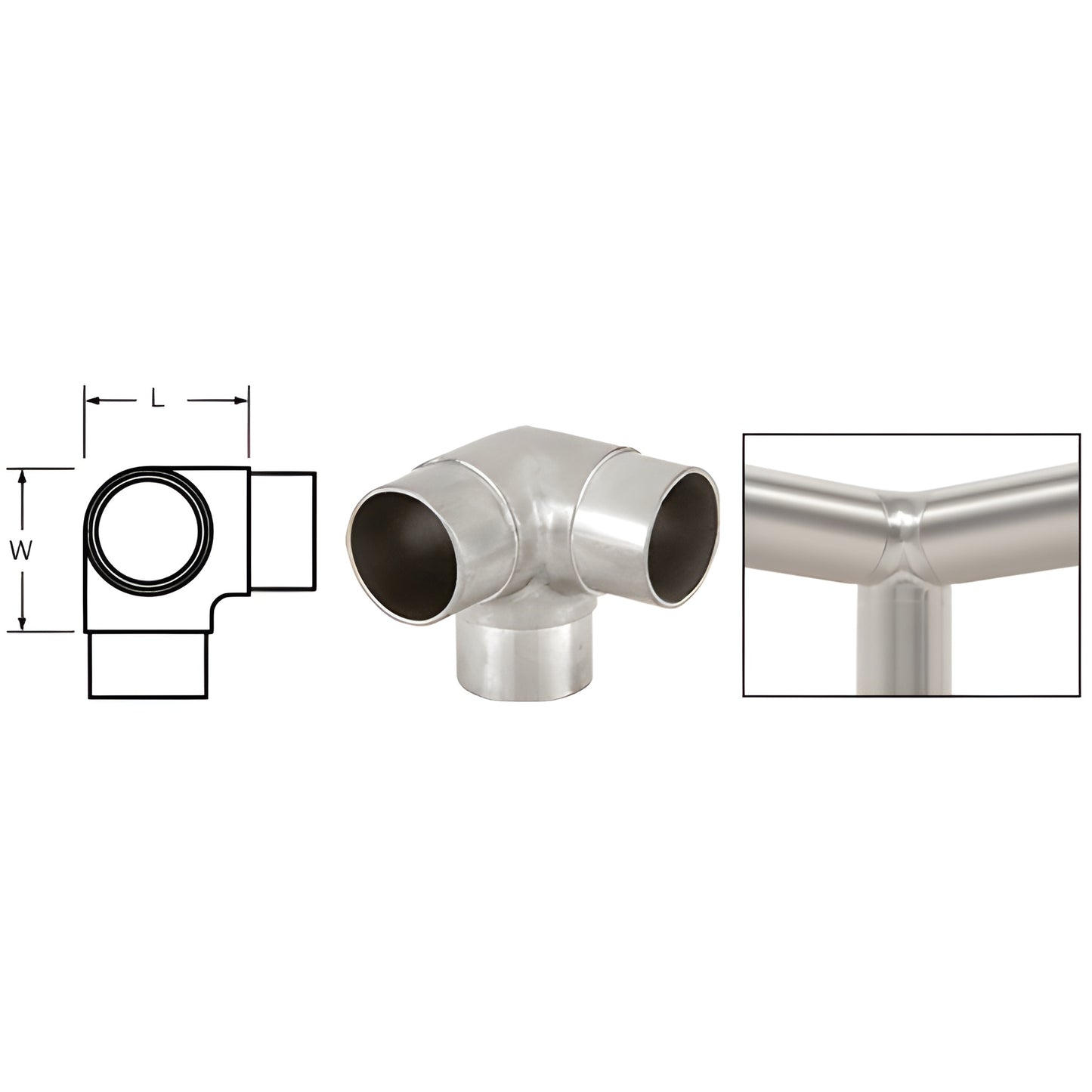 HR20JBS 90 brushed stainless steel side-outlet elbow for HR20 handrail tubing, 2-3/8 in per side