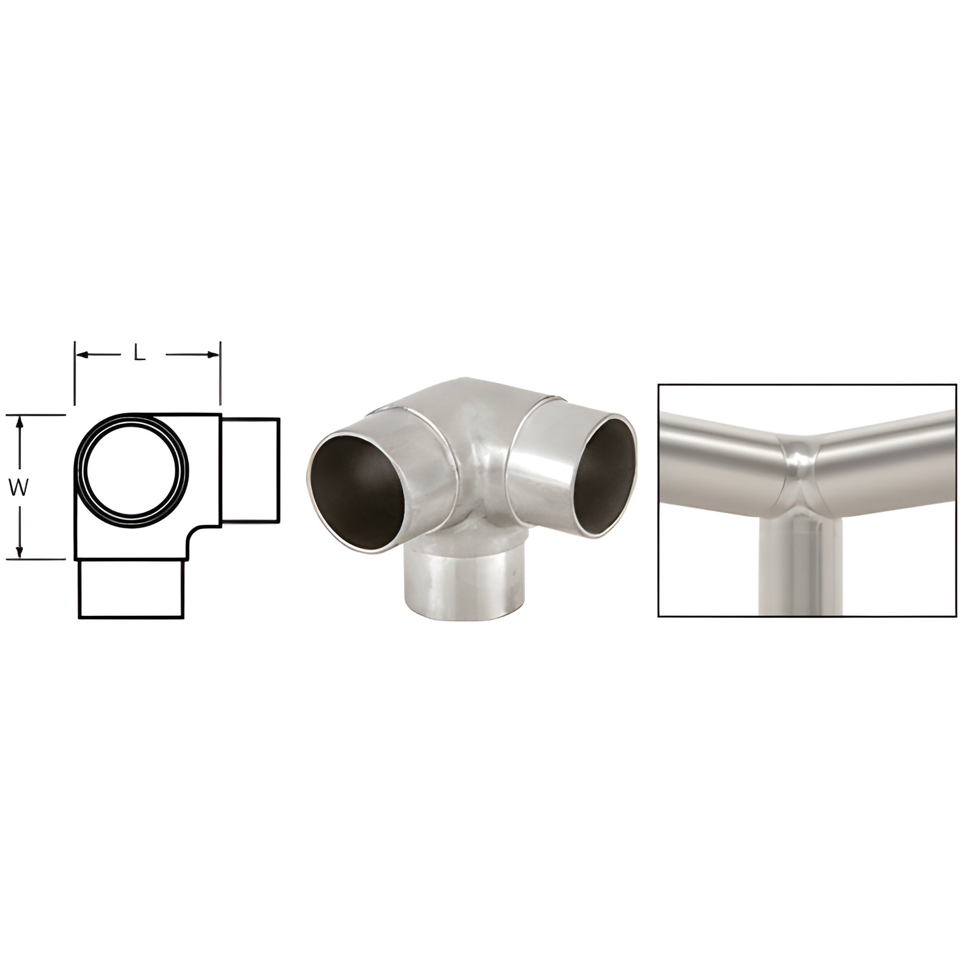 HR20JBS 90 brushed stainless steel side-outlet elbow for HR20 handrail tubing, 2-3/8 in per side