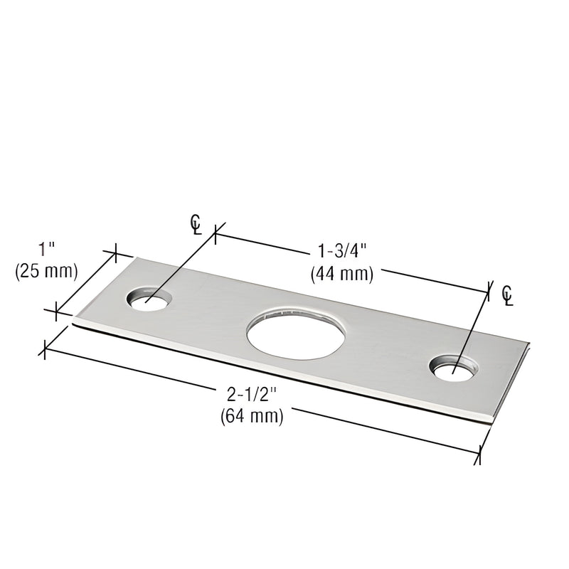CRL 777SPBS brushed stainless steel strike plate, 2-1/2" x 1", two screw holes and central 5/8" plunger opening.