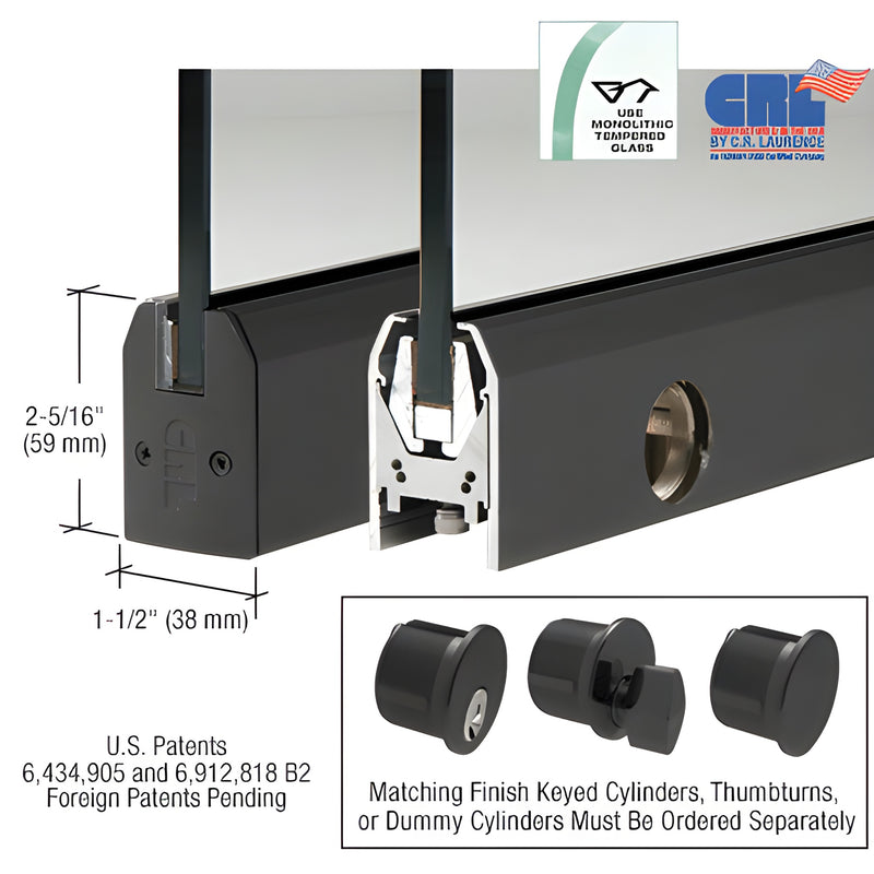 DR2TBL38PL gloss black low-profile aluminum door rail with Wedge-Lock for 3/8 glass, 8 long, includes lock.