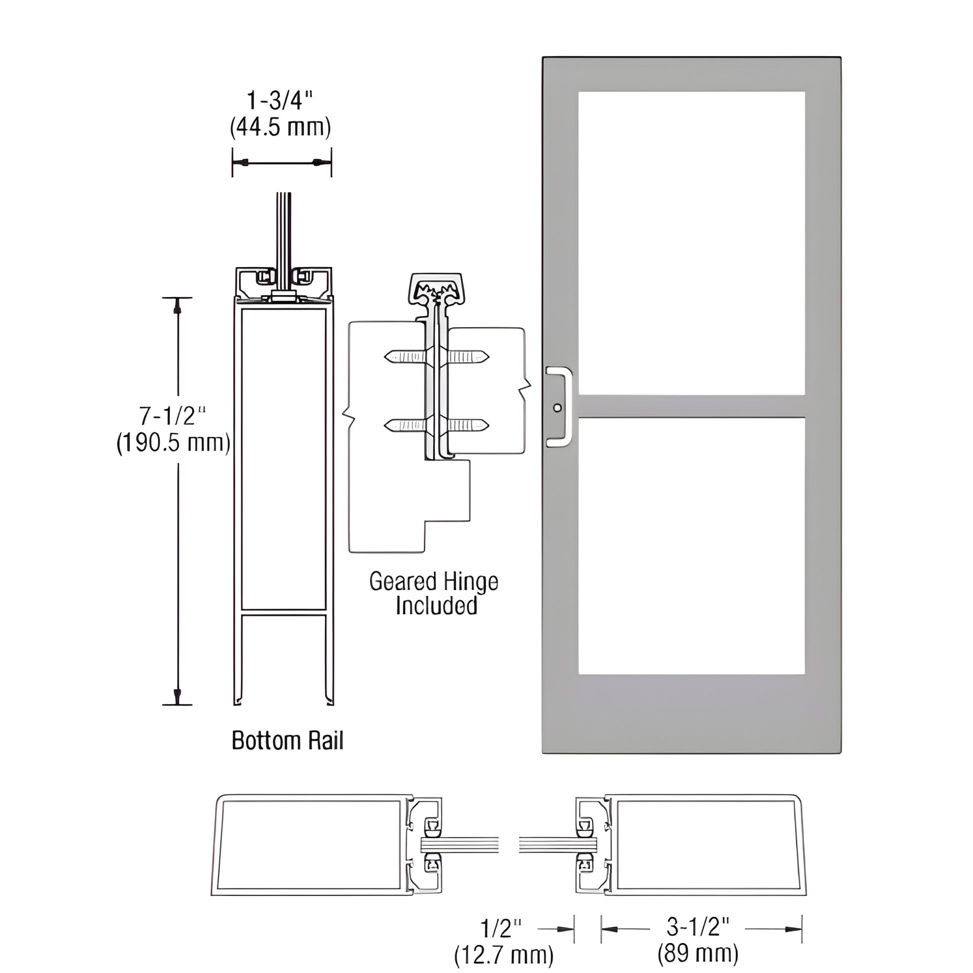 Medium-stile commercial entrance door SKU HZ41811 - clear anodized frame, glass panels, 3.5" stiles, 7.5" bottom rail