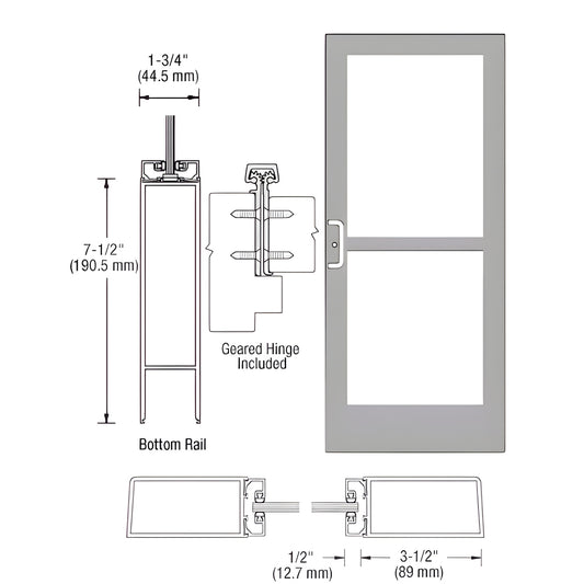 Medium-stile commercial entrance door SKU HZ41811 - clear anodized frame, glass panels, 3.5" stiles, 7.5" bottom rail