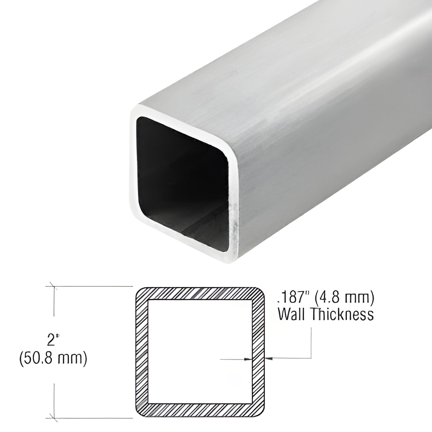 PR2BS10 2 in brushed stainless square tube, .187 in wall, hollow railing/handrail tubing