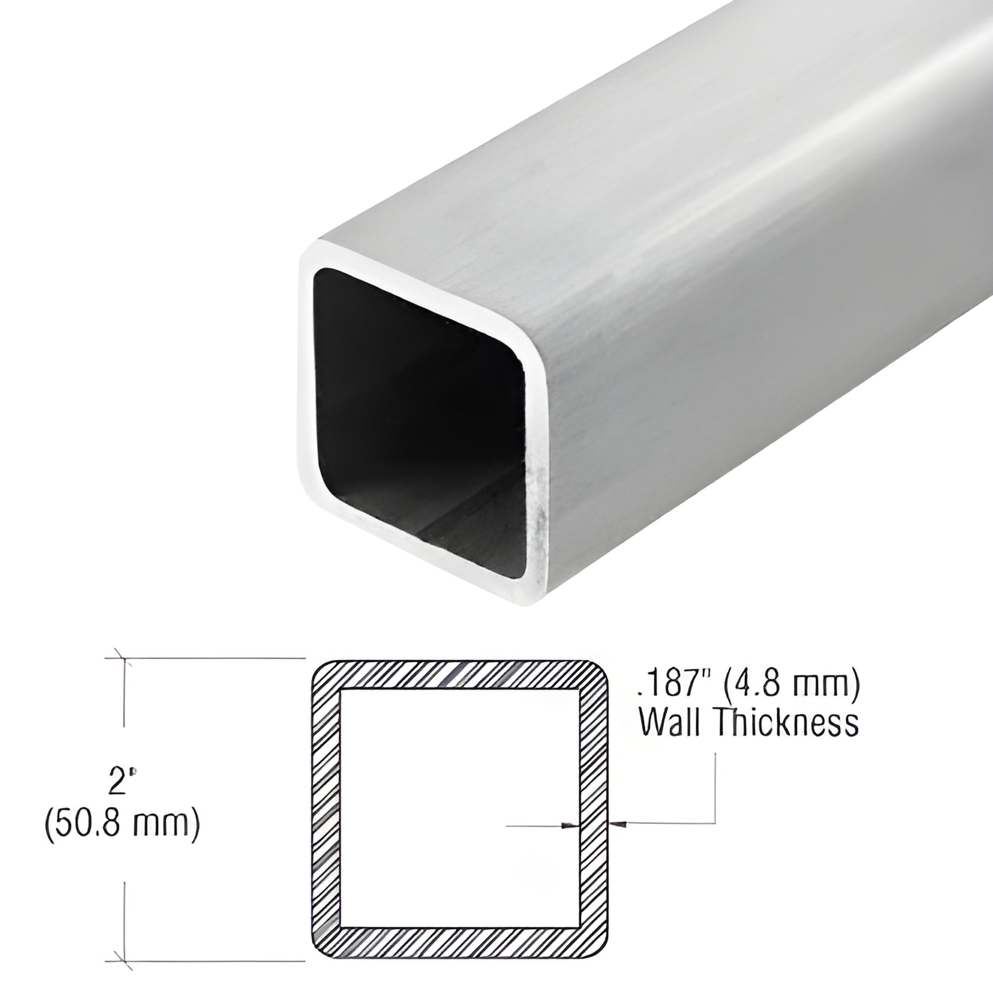 2" stainless steel square handrail tubing, .187" wall thickness, brushed finish, SKU PR2BS20