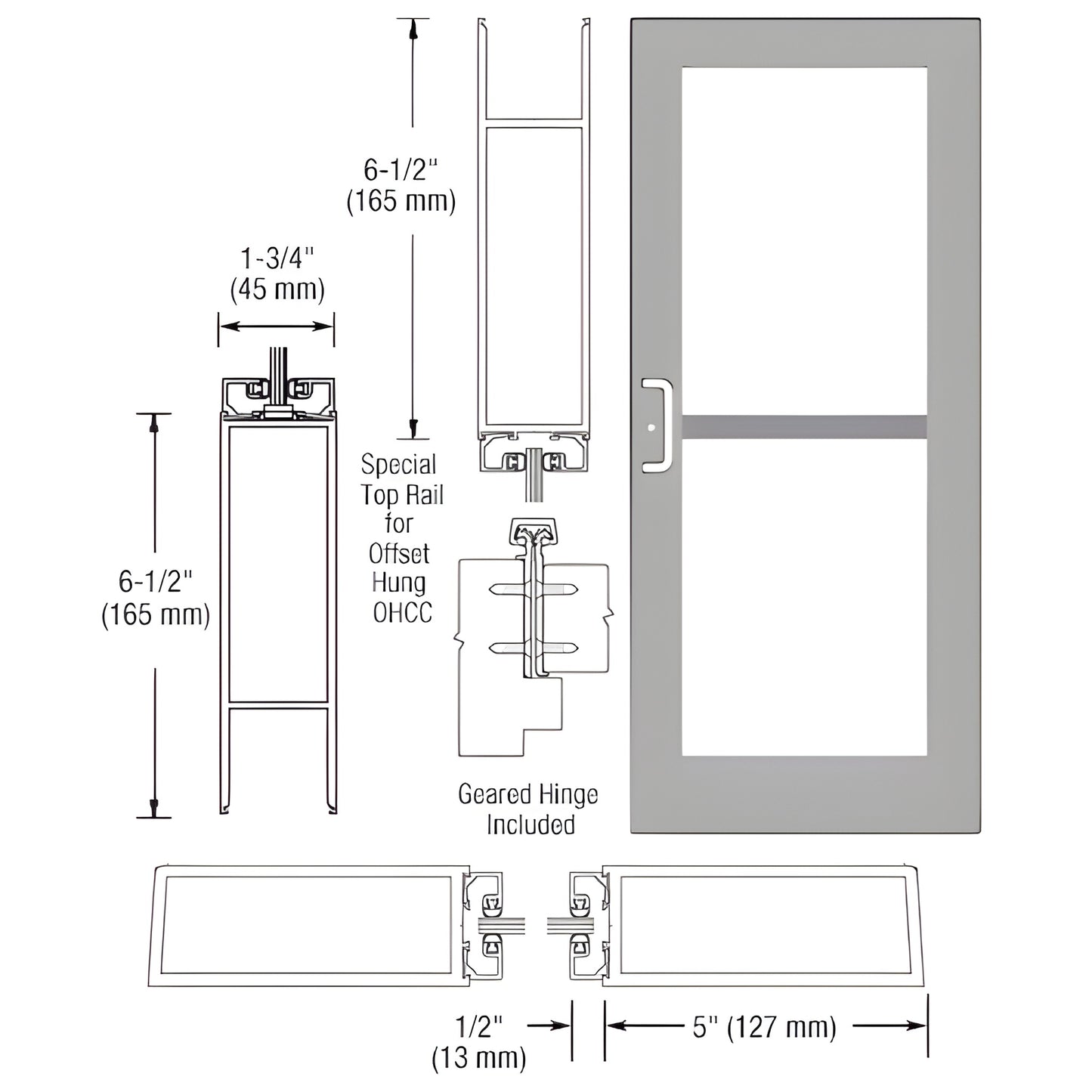 Custom wide-stile commercial entrance door SKU DZ51911, clear anodized, 5" stiles, 6-1/2" bottom rail, glass lite, panic rail