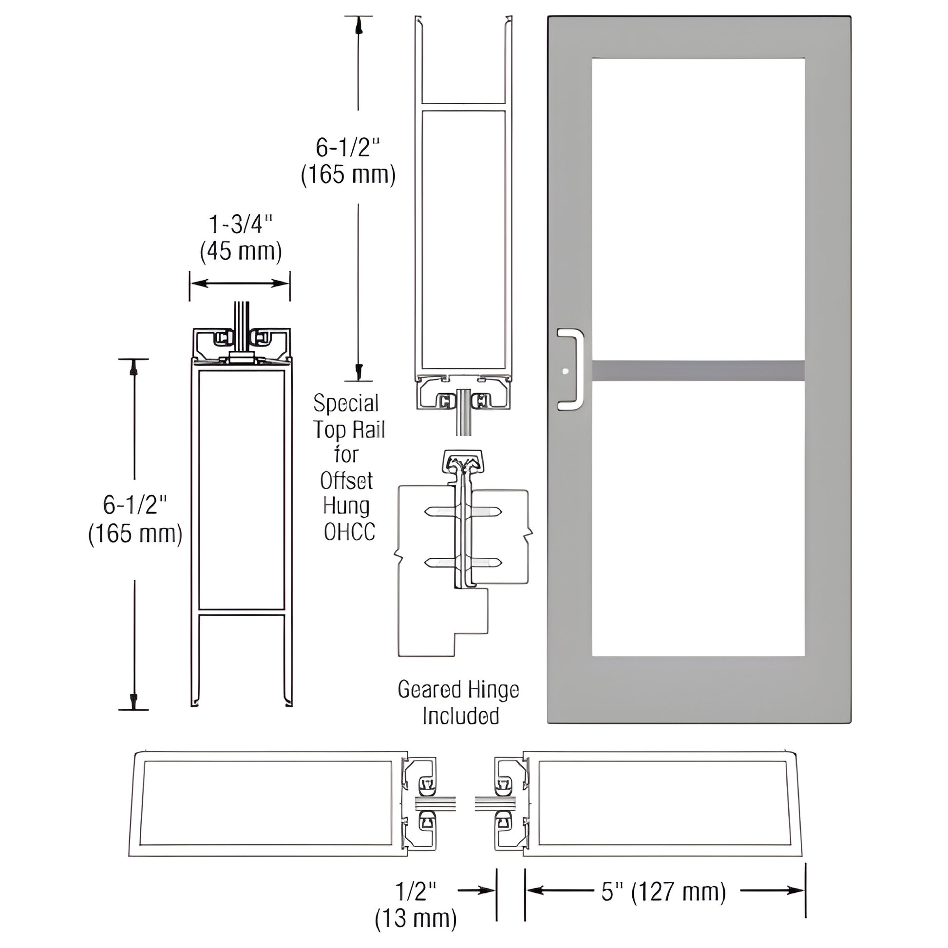 Custom wide-stile commercial entrance door SKU DZ51911, clear anodized, 5" stiles, 6-1/2" bottom rail, glass lite, panic rail