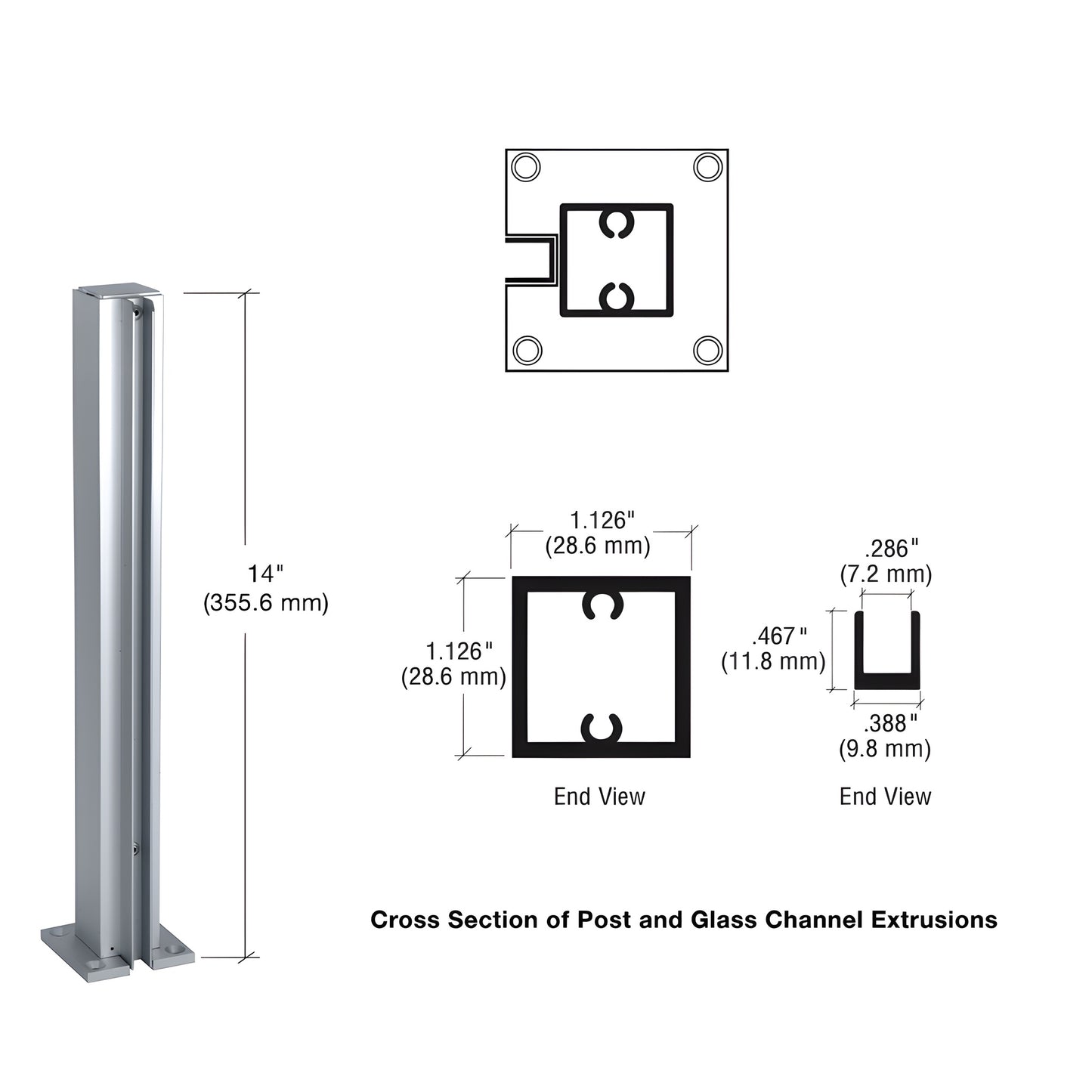 Satin anodized aluminum square partition end post with U-channel and base plate for 1/4" glass (SKU D990A14E)