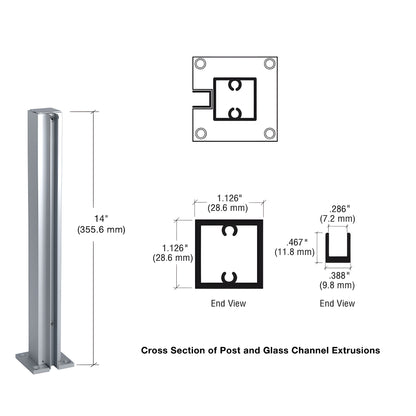 Satin anodized aluminum square partition end post with U-channel and base plate for 1/4" glass (SKU D990A14E)